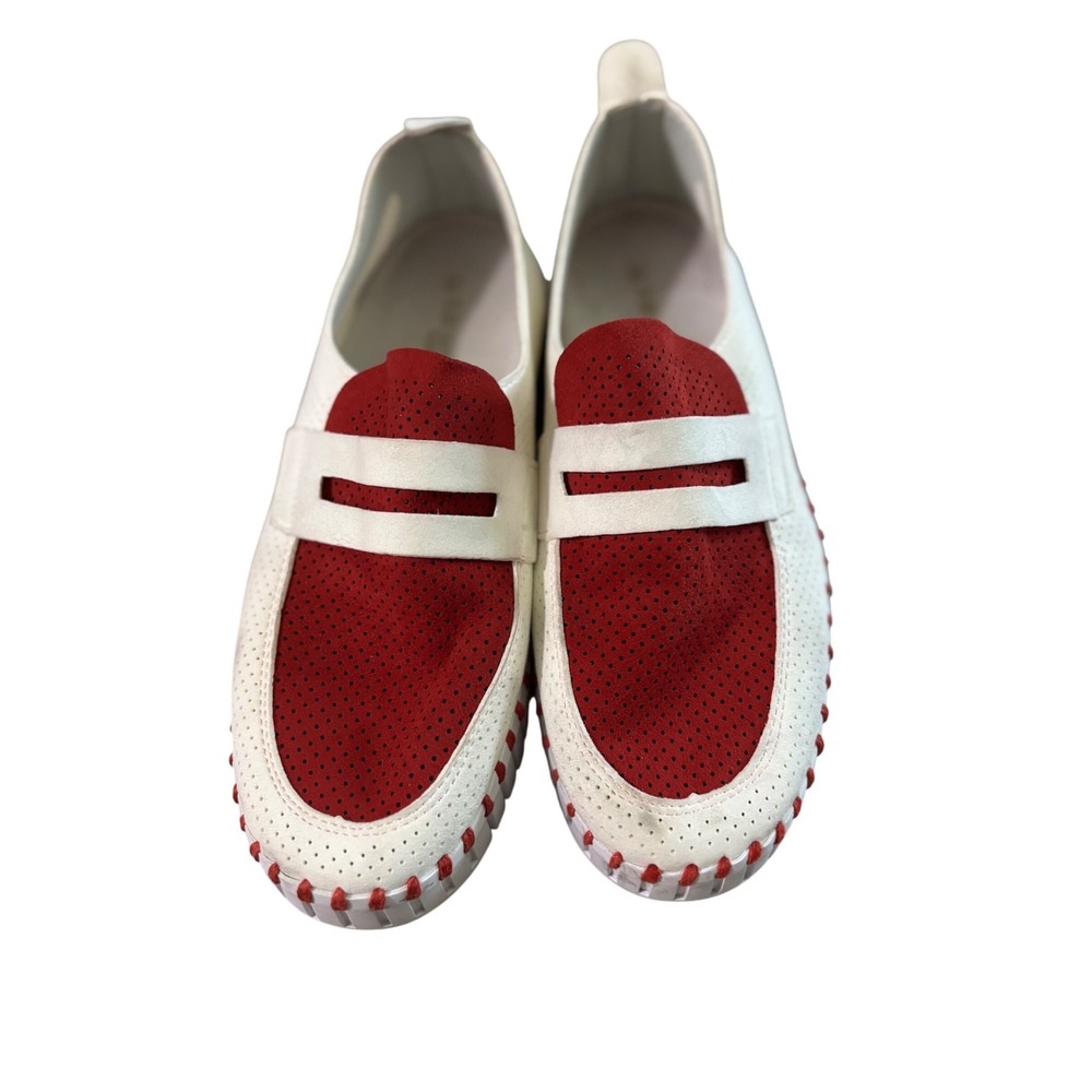 Ilse Jacobsen Tulip White Red Perforated‎ Penny Loafer Slip On Shoes Womens 38
